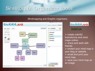 Session 6: Organizer tools
        Mindmapping and Graphic organizers




                                        create colorful
                                       brainstorms and mind
                                       maps online;
                                        share and work with
                                       friends;
                                        embed your mind map in
                                       your blog or website
                                        email and print your
                                       mind map;
                                        save your mind map as
                                       an image.
 