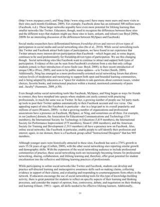 (http://www.myspace.com/), and Ning (http://www.ning.com/) have many more users and more visits to
their sites each month (Goldman, 2009). For example, Facebook alone has an estimated 300 million users
(Facebook, n.d.). These larger networks arguably have even more potential for lifelong learning than
smaller networks like Twitter. Educators, though, need to recognize the differences between these sites
and the different ways that students might use these sites to learn, unlearn, and relearn (see Boyd 2009a,
2009b for an interesting discussion of the differences between MySpace and Facebook).

Social media researchers have differentiated between friendship-driven and interest-driven types of
participation in social media and social networking sites (Ito et al., 2010). While social networking tools
like Twitter and Facebook attract both types of participation, we have found in our experience that
Twitter attracts more interest-driven participation than Facebook—which began and, to some degree,
continues to be used predominantly for friendship-driven types of participation. We see this changing
though. Social networking sites like Facebook want to continue to attract and support both types of
participation. Evidence of this can be seen from Facebook's evolution from a site that only college
students joined, to their introduction of news feeds (see: Boyd, 2008), to their recent introduction of
unique URLs (Price, 2009), and soon to be public status updates—a la Twitter (Smith, 2009).
Additionally, Ning has emerged as a more professionally-oriented social networking forum that allows
various levels of moderation and monitoring to support both open and bounded learning communities,
and is being adopted by educators as a "space for students to ask questions about common issues, vendor
choices, favorite books, and instructional practices within a trusted, monitored community of peers
and...faculty" (Summers, 2009, p.50).

Even though online social networking tools like Facebook, MySpace, and Ning began as ways for friends
to connect, they have morphed into spaces where students can easily connect with practicing
professionals, in much the same was as Twitter. In fact, a growing number of people use 3rd party mash-
up tools to post their Twitter updates automatically to their Facebook account and vice versa. One
appealing aspect of sites like Facebook in particular—due in a large part to its overall popularity and
millions of users (Wauters, 2009)—is that a growing number of organizations and professional
associations have a presence on Facebook, MySpace, or Ning, and sometimes on all three. For example,
in our [authors] domain, the Association for Educational Communications and Technology (314
members), the International Society for Technology in Education (3,419 members), the International
Society for Performance Improvement (575 members), Sloan-C (888 members), and the American
Society for Training and Development (1,913 members) all have a presence now on Facebook. Also,
online social networks, like Facebook in particular, enable people to self-identify their profession and
interest; again, in our domain, there is a Facebook group called "Instructional Designers" that has 969
members.

Although younger users were historically attracted to these sites, Facebook has seen a 276% growth in
users 35-54 years of age (Corbett, 2009), with the other social networking sites reporting similar growth
and demographic shifts. With the expansion of the social networking audience to include professional
communities of practice, these social networking tools are increasingly becoming forums for professional
networking, sharing, collaboration, and lifelong learning and, therefore, offer great potential for student
enculturation into the reflective and lifelong learning practices of professionals.

While participating in online social networks like Twitter and Facebook, students can develop and
practice self-directed learning and metacognitive awareness skills such as making claims, collecting
evidence in support of their claims, and evaluating and responding to counterarguments from others in the
network. If educators encourage the use of social networking tools for this type of knowledge-building
activity, there is great potential for students to reflect on specific aspects of their learning and thinking
processes, and consider the impact of opinion, bias, controversy, debate, and negotiation on their thinking
and learning (Glaser, 1991)—again, all skills needed to be effective lifelong learners. Additionally,

                                                     10
 