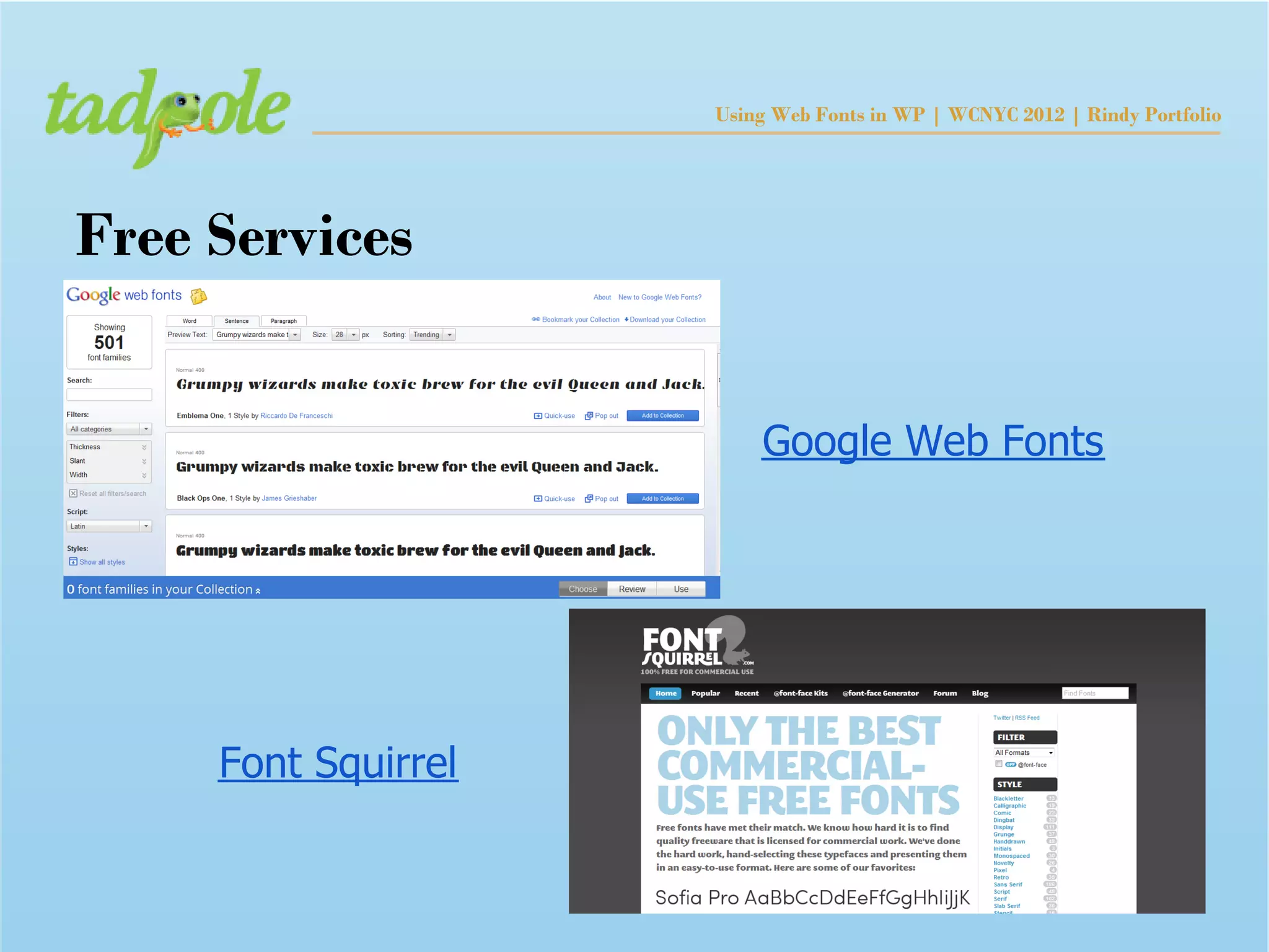 Using Web Fonts in WP | WCNYC 2012 | Rindy Portfolio




Free Services


                         Google Web Fonts




     Font Squirrel
 