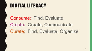 DIGITAL LITERACY
Consume: Find, Evaluate
Create: Create, Communicate
Curate: Find, Evaluate, Organize
8
 