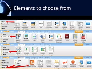 Design options




Change themes              Change your font size/colors
Add phone number           Change theme colors
Change title size/colors   Connect Social media
 