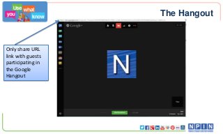 The Hangout

Only share URL
link with guests
participating in
the Google
Hangout

 