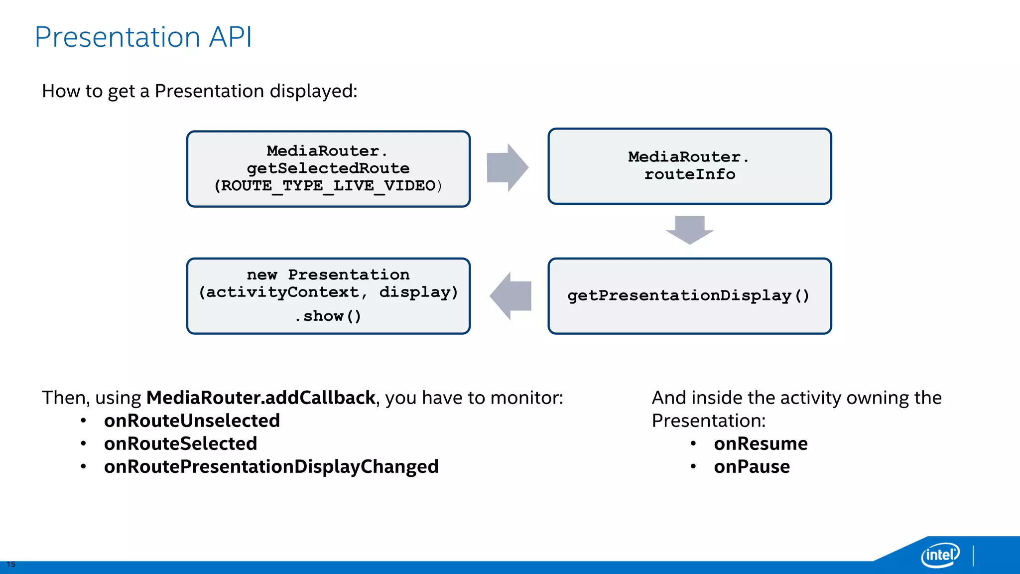 15 
Presentation API 
MediaRouter. getSelectedRoute(ROUTE_TYPE_LIVE_VIDEO) 
MediaRouter. routeInfo 
getPresentationDisplay() 
new Presentation(activityContext, display) 
.show() 
Then, using MediaRouter.addCallback, you have to monitor: 
•onRouteUnselected 
•onRouteSelected 
•onRoutePresentationDisplayChanged 
How to get a Presentation displayed: 
And inside the activity owning the Presentation: 
•onResume 
•onPause  