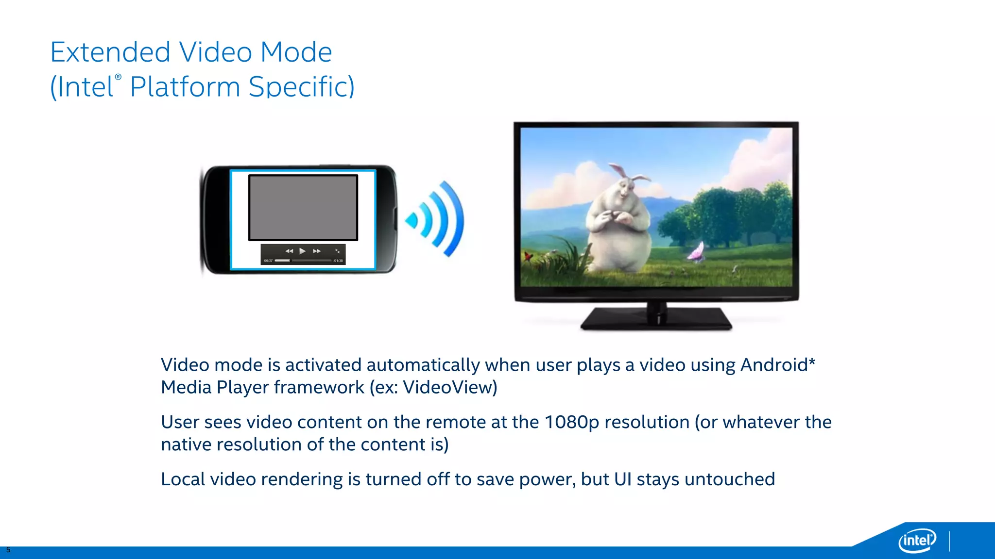 5 
Extended Video Mode(Intel®Platform Specific) 
Video mode is activated automatically when user plays a video using Android* Media Player framework (ex: VideoView) 
User sees video content on the remote at the 1080p resolution (or whatever the native resolution of the content is) 
Local video rendering is turned off to save power, but UI stays untouched  