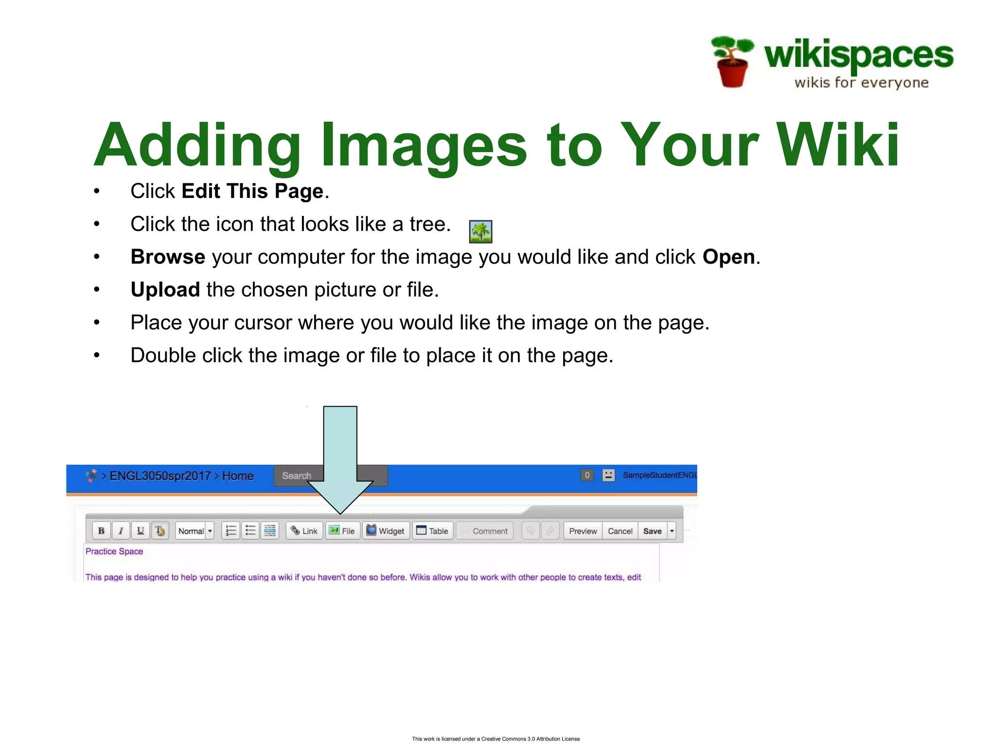 This work is licensed under a Creative Commons 3.0 Attribution License
Adding Images to Your Wiki
• Click Edit This Page.
• Click the icon that looks like a tree.
• Browse your computer for the image you would like and click Open.
• Upload the chosen picture or file.
• Place your cursor where you would like the image on the page.
• Double click the image or file to place it on the page.
 