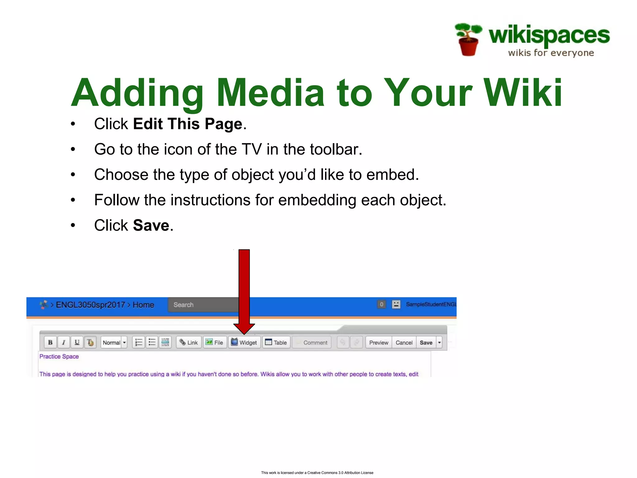 This work is licensed under a Creative Commons 3.0 Attribution License
Adding Media to Your Wiki
• Click Edit This Page.
• Go to the icon of the TV in the toolbar.
• Choose the type of object you’d like to embed.
• Follow the instructions for embedding each object.
• Click Save.
 