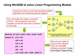 Using WinQSB to solve Linear Programming Models Assume we wish to solve the transship problem depicted in the following network diagram  Minimize  Z= 2x14 + 4x24 + 5x34 + 8x45 + 9x46 Subject To:  x14 <= 50 x24 <= 60 x34 <= 40 x45  = 35 x46  = 25   x14 + x24 + x34 – 2x45 – 2x46 = 0 First, formulate the model in standard LP form.  All constraints must have variables on the left side and a constant on the right. Now you are ready to move to the software. From the WinQSB software set select “ Linear and Integer Programming ” 1 2 3 4 5 6 50 60 40 35 25 2 4 5 8 9 From the transshipment node: 1 unit of output requires 2 units of input 