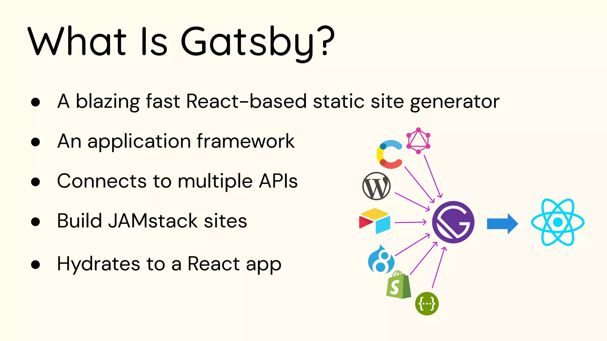 What Is Gatsby?
● A blazing fast React-based static site generator
● An application framework
● Connects to multiple APIs
● Build JAMstack sites
● Hydrates to a React app
 