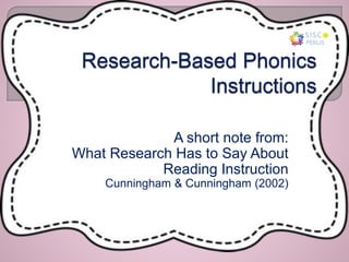 A short note from:
What Research Has to Say About
Reading Instruction
Cunningham & Cunningham (2002)
 