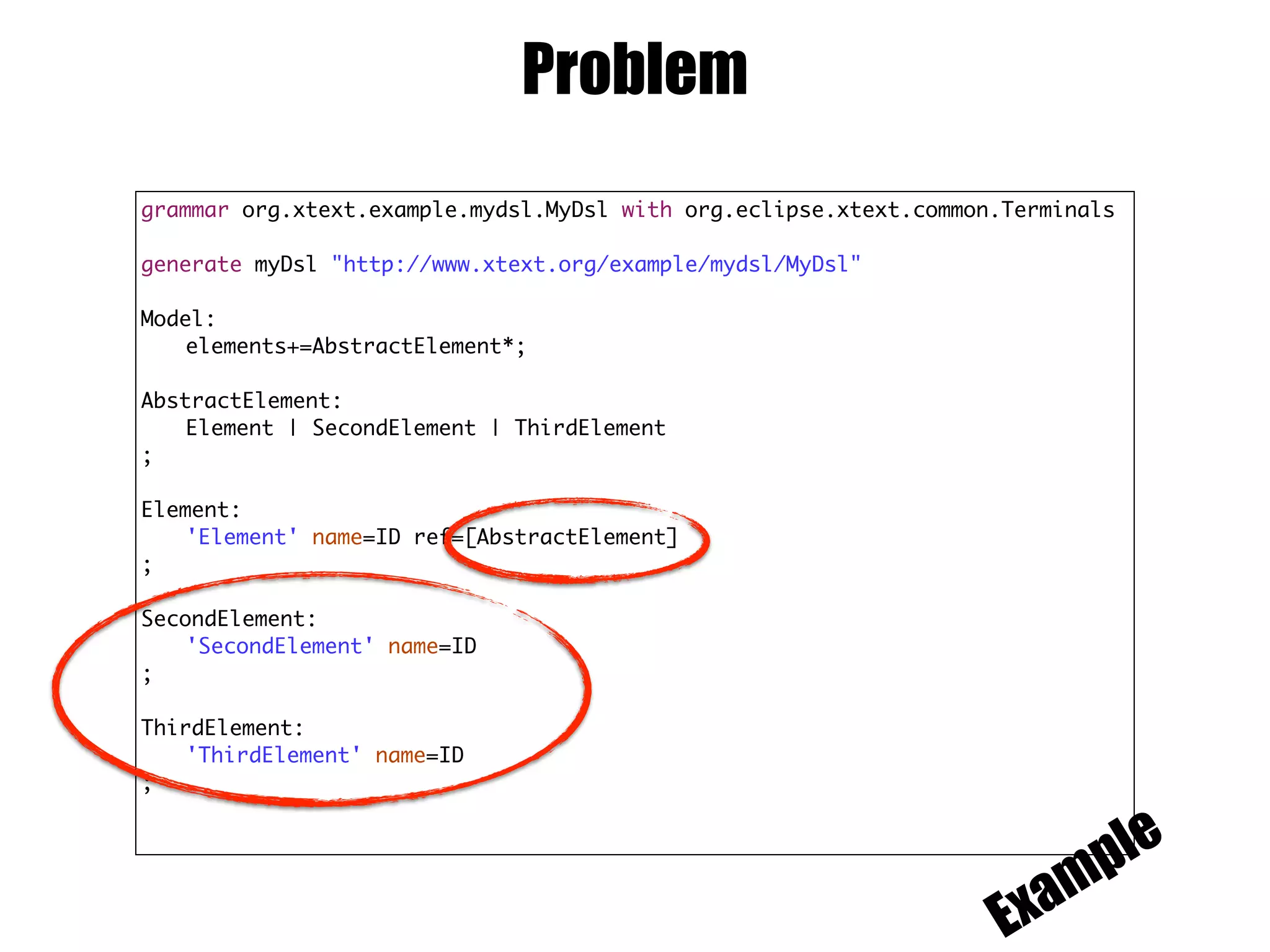 Problem
grammar org.xtext.example.mydsl.MyDsl with org.eclipse.xtext.common.Terminals
generate myDsl "http://www.xtext.org/example/mydsl/MyDsl"
Model:
elements+=AbstractElement*;
AbstractElement:
Element | SecondElement | ThirdElement
;
Element:
'Element' name=ID ref=[AbstractElement]
;
SecondElement:
'SecondElement' name=ID
;
ThirdElement:
'ThirdElement' name=ID
;
Example
 