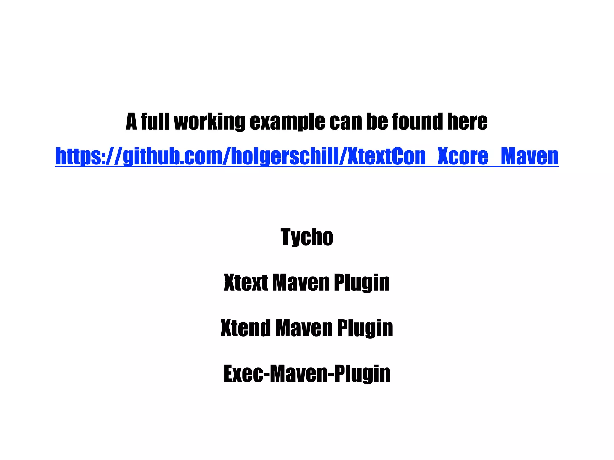 https://github.com/holgerschill/XtextCon_Xcore_Maven
A full working example can be found here
Tycho
Xtext Maven Plugin
Exec-Maven-Plugin
Xtend Maven Plugin
 