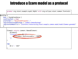 grammar org.xtext.example.mydsl.MyDsl with org.eclipse.xtext.common.Terminals
generate myDsl "http://www.xtext.org/example/mydsl/MyDsl"
import "http://www.xtext.org/common/model" as common
PackageDeclaration returns common::PackageDeclaration:
'package' name=FQN
content+=Element
;
Element returns common::NamedElement:
{Element}
'element' name=ID '{'
ref=[common::Referenceable | FQN]?
'}'
;
FQN:
ID ('.' ID)*
;
Introduce a Ecore model as a protocol
 