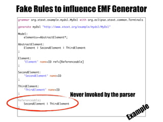 grammar org.xtext.example.mydsl.MyDsl with org.eclipse.xtext.common.Terminals
generate myDsl "http://www.xtext.org/example/mydsl/MyDsl"
Model:
elements+=AbstractElement*;
AbstractElement:
Element | SecondElement | ThirdElement
;
Element:
'Element' name=ID ref=[Referenceable]
;
SecondElement:
'SecondElement' name=ID
;
ThirdElement:
'ThirdElement' name=ID
;
Referenceable:
SecondElement | ThirdElement
;
Never invoked by the parser
Example
Fake Rules to influence EMF Generator
 