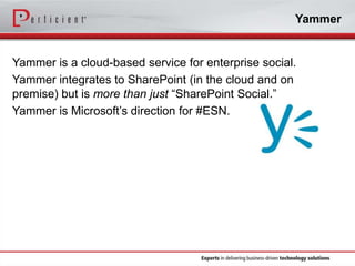 Yammer

Yammer is a cloud-based service for enterprise social.
Yammer integrates to SharePoint (in the cloud and on
premise) but is more than just “SharePoint Social.”
Yammer is Microsoft’s direction for #ESN.

 