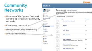 Community
Networks
• Members of the “parent” network
  are able to create new Community
  networks.

• Create new community
• Manage community membership
• See all communities
 