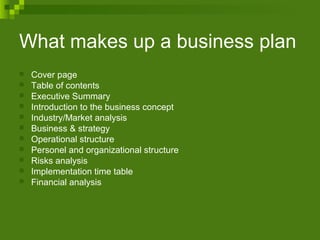 What makes up a business plan
 Cover page
 Table of contents
 Executive Summary
 Introduction to the business concept
 Industry/Market analysis
 Business & strategy
 Operational structure
 Personel and organizational structure
 Risks analysis
 Implementation time table
 Financial analysis
 