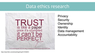 Data ethics research
https://www.flickr.com/photos/birgerking/5137440872
Privacy
Security
Ownership
Identity
Data management
Accountability
 