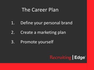 1. Define your personal brand
2. Create a marketing plan
3. Promote yourself
The Career Plan
 