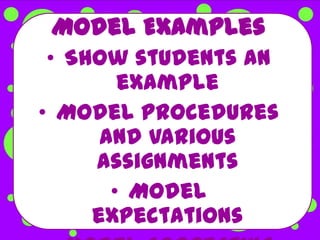 Model Examples
 • Show students an
        example
• Model procedures
      and various
     assignments
       • Model
     expectations
 