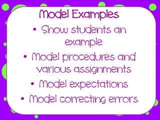 Model Examples
    • Show students an
           example
 • Model procedures and
     various assignments
   • Model expectations
• Model correcting errors
 