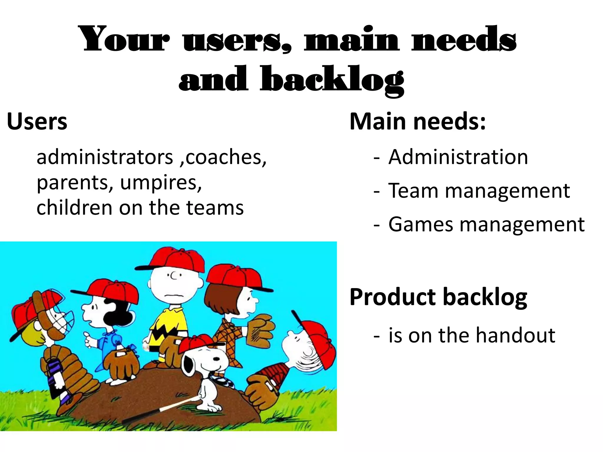 Users
administrators ,coaches,
parents, umpires,
children on the teams
Your users, main needs
and backlog
Main needs:
- Administration
- Team management
- Games management
Product backlog
- is on the handout
 