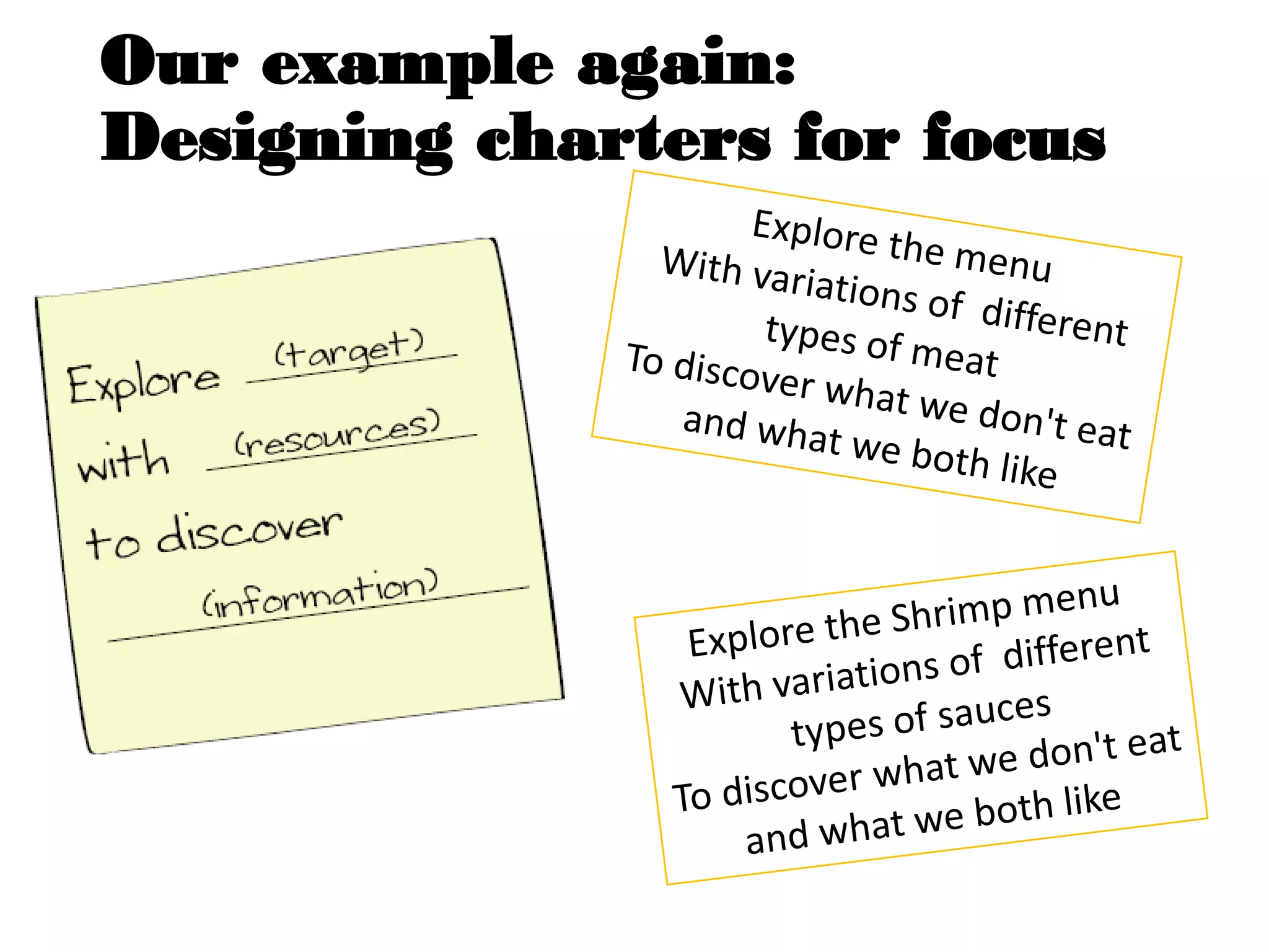 Our example again:
Designing charters for focus
 