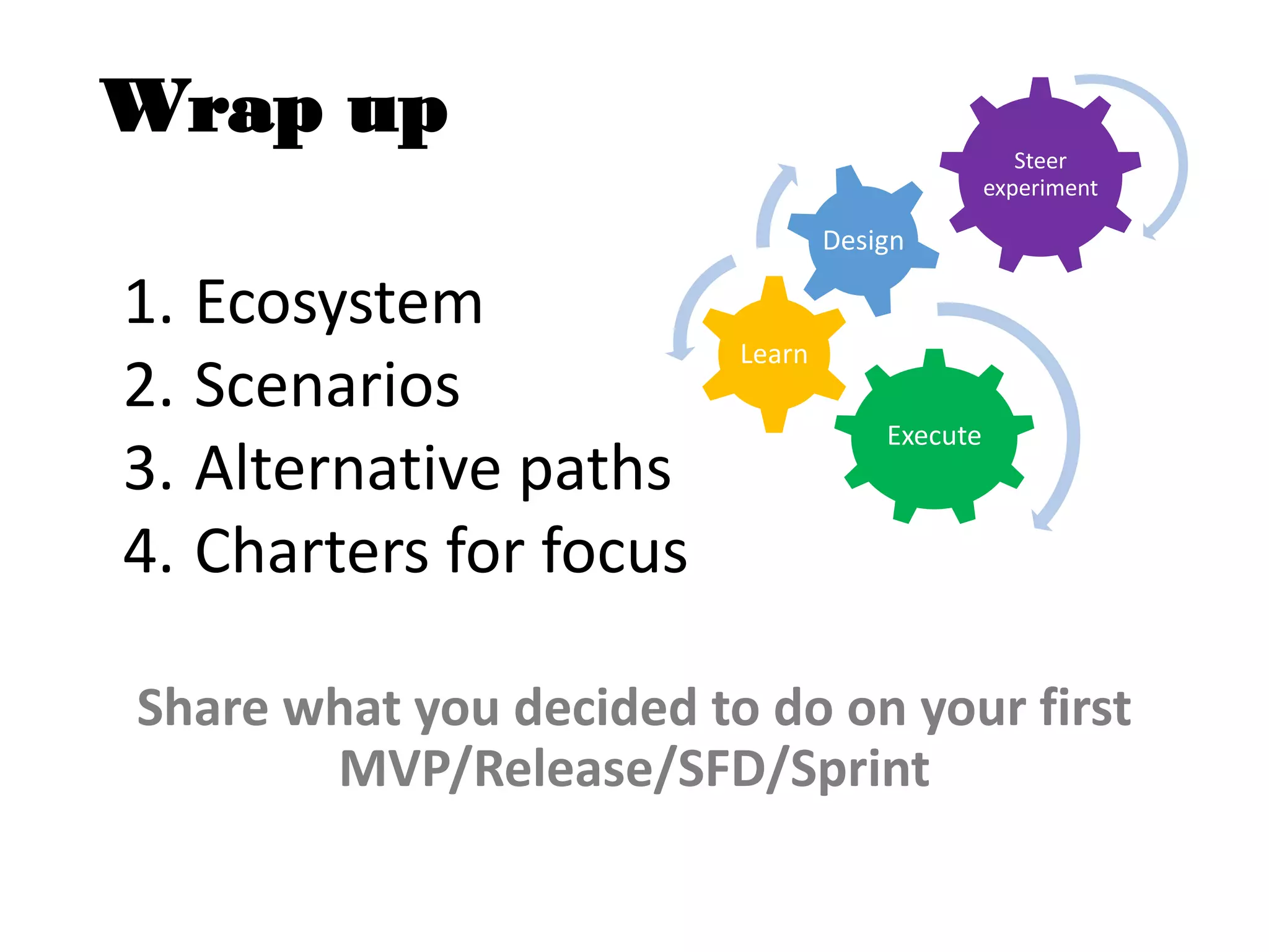 Wrap up
1. Ecosystem
2. Scenarios
3. Alternative paths
4. Charters for focus
Share what you decided to do on your first
MVP/Release/SFD/Sprint
Execute
Learn
Design
Steer
experiment
 