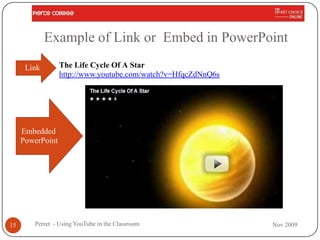 Example of Link or Embed in PowerPoint
      Link        The Life Cycle Of A Star
                  http://www.youtube.com/watch?v=HfqcZdNnQ6s




     Embedded
     PowerPoint




15      Perret - Using YouTube in the Classroom                Nov 2009
 