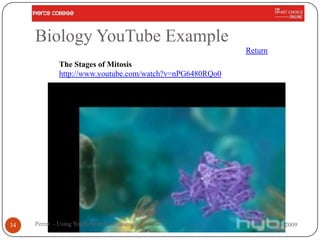 Biology YouTube Example
                                                          Return
             The Stages of Mitosis
             http://www.youtube.com/watch?v=nPG6480RQo0




34   Perret - Using YouTube in the Classroom                       Nov 2009
 