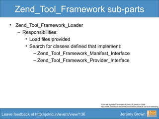 Zend_Tool_Framework sub-parts <ul><li>Zend_Tool_Framework_Loader </li></ul><ul><ul><li>Responsibilities: </li></ul></ul><u...