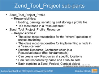 Zend_Tool_Project sub-parts <ul><li>Zend_Tool_Project_Profile </li></ul><ul><ul><li>Responsibilities: </li></ul></ul><ul><...