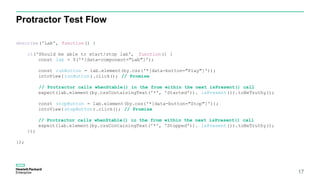 Protractor Test Flow
17
describe('Lab', function() {
it('Should be able to start/stop lab', function() {
const lab = $('*[data-component="Lab"]');
const runButton = lab.element(by.css('*[data-button="Play"]'));
intoView( runButton).click(); // Promise
// Protractor calls whenStable() in the from within the next isPresent() call
expect(lab.element(by.cssContainingText('*', 'Started')). isPresent()).toBeTruthy();
const stopButton = lab.element(by.css('*[data-button="Stop"]'));
intoView( stopButton).click(); // Promise
// Protractor calls whenStable() in the from within the next isPresent() call
expect(lab.element(by.cssContainingText('*', 'Stopped')). isPresent()).toBeTruthy();
});
});
 