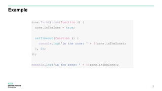 Example
zone.fork().run(function () {
zone.inTheZone = true;
setTimeout(function () {
console.log('in the zone: ' + !!zone.inTheZone);
}, 0);
});
console.log('in the zone: ' + !!zone.inTheZone);
7
 