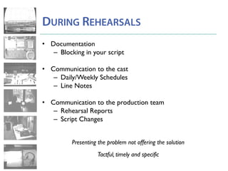 DURING REHEARSALS
• Documentation
– Blocking in your script
• Communication to the cast
– Daily/Weekly Schedules
– Line Notes
• Communication to the production team
– Rehearsal Reports
– Script Changes
Presenting the problem not offering the solution
Tactful, timely and specific
 