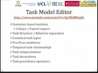 Task Model Editor
  http://www.youtube.com/watch?v=XyORdBBrgRs

0 Container-based notation
   0 Collapse / Expand support
0 Task Structure / Behavior separation
0 Canonical task types
0 Pre/Post conditions
0 Temporal task relationships
0 Task temporizations
0 Task decorations
0 Task precedence operators
 