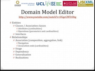 Domain Model Editor
         http://www.youtube.com/watch?v=UGgcCMTrOhg

0 Entities
   0 Classes / Association classes
       0 Attributes (cardinalities)
       0 Operations (parameters and cardinalities)
   0 Interfaces
0 Relationships
   0 Association (composition, aggregation, link)
       0 Navigation
       0 Association ends (cardinalities)
   0   Usage
   0   Dependency
   0   Generalization
   0   Realizations
 