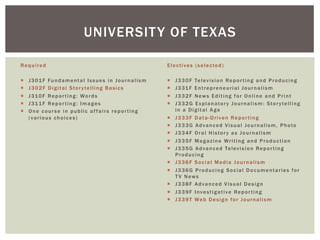 Required
¡  J301F Fundamental Issues in Journalism
¡  J302F Digital Storytelling Basics
¡  J310F Reporting: Words
¡  J311F Reporting: Images
¡  One course in public affairs reporting
(various choices)
Electives (selected)
¡  J330F Television Reporting and Producing
¡  J331F Entrepreneurial Journalism
¡  J332F News Editing for Online and Print
¡  J332G Explanatory Journalism: Storytelling
in a Digital Age
¡  J333F Data-Driven Reporting
¡  J333G Advanced Visual Journalism, Photo
¡  J334F Oral History as Journalism
¡  J335F Magazine Writing and Production
¡  J335G Advanced Television Reporting
Producing
¡  J336F Social Media Journalism
¡  J336G Producing Social Documentaries for
T V News
¡  J338F Advanced Visual Design
¡  J339F Investigative Reporting
¡  J339T Web Design for Journalism
UNIVERSITY OF TEXAS
 