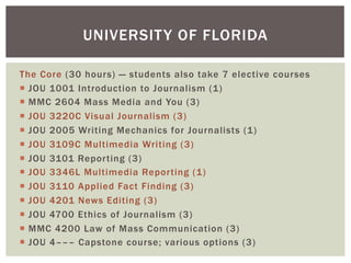 The Core (30 hours) — students also take 7 elective courses
¡  JOU 1001 Introduction to Journalism (1)
¡  MMC 2604 Mass Media and You (3)
¡  JOU 3220C Visual Journalism (3)
¡  JOU 2005 Writing Mechanics for Journalists (1)
¡  JOU 3109C Multimedia Writing (3)
¡  JOU 3101 Reporting (3)
¡  JOU 3346L Multimedia Reporting (1)
¡  JOU 3110 Applied Fact Finding (3)
¡  JOU 4201 News Editing (3)
¡  JOU 4700 Ethics of Journalism (3)
¡  MMC 4200 Law of Mass Communication (3)
¡  JOU 4––– Capstone course; various options (3)
UNIVERSITY OF FLORIDA
 