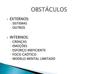 } 

EXTERNOS:
◦  SISTEMAS
◦  OUTROS

} 

INTERNOS:

◦  CRENÇAS
◦  EMOÇÕES
◦  ESFORÇO INEFICIENTE
◦  FOCO CAÓTICO
◦  MODELO MENTAL LIMITADO

 