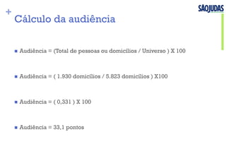 +
Cálculo da audiência
n  Audiência = (Total de pessoas ou domicílios / Universo ) X 100
n  Audiência = ( 1.930 domicílios / 5.823 domicílios ) X100
n  Audiência = ( 0,331 ) X 100
n  Audiência = 33,1 pontos
 
