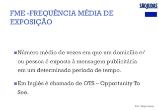 Prof. Sérgio Neves
n Número médio de vezes em que um domicílio e/
ou pessoa é exposta à mensagem publicitária
em um determinado período de tempo.
n Em Inglês é chamado de OTS – Opportunity To
See.
FME -FREQUÊNCIA MÉDIA DE
EXPOSIÇÃO
 