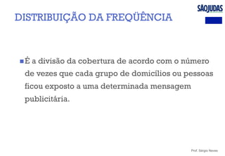 Prof. Sérgio Neves
n É a divisão da cobertura de acordo com o número
de vezes que cada grupo de domicílios ou pessoas
ficou exposto a uma determinada mensagem
publicitária.
DISTRIBUIÇÃO DA FREQÜÊNCIA
 
