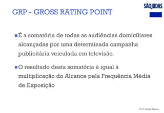 Prof. Sérgio Neves
n É a somatória de todas as audiências domiciliares
alcançadas por uma determinada campanha
publicitária veiculada em televisão.
n O resultado desta somatória é igual à
multiplicação do Alcance pela Frequência Média
de Exposição
GRP - GROSS RATING POINT
 