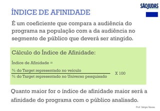 Prof. Sérgio Neves
ÍNDICE DE AFINIDADE
Cálculo do Índice de Afinidade:
Índice de Afinidade =
% do Target representado no veículo
X 100
% do Target representado no Universo pesquisado
É um coeficiente que compara a audiência do
programa na população com a da audiência no
segmento de público que deverá ser atingido.
Quanto maior for o índice de afinidade maior será a
afinidade do programa com o público analisado.
 
