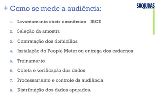 + Como se mede a audiência:
1.  Levantamento sócio econômico - IBGE
2.  Seleção da amostra
3.  Contratação dos domicílios
4.  Instalação do People Meter ou entrega dos cadernos
5.  Treinamento
6.  Coleta e verificação dos dados
7.  Processamento e controle da audiência
8.  Distribuição dos dados apurados.
 
