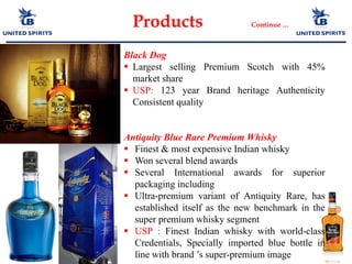 Products Continue …
Black Dog
 Largest selling Premium Scotch with 45%
market share
 USP: 123 year Brand heritage Authenticity
Consistent quality
Antiquity Blue Rare Premium Whisky
 Finest & most expensive Indian whisky
 Won several blend awards
 Several International awards for superior
packaging including
 Ultra-premium variant of Antiquity Rare, has
established itself as the new benchmark in the
super premium whisky segment
 USP : Finest Indian whisky with world-class
Credentials, Specially imported blue bottle in
line with brand ‟s super-premium image
 