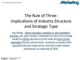 From:
The Rule of Three:
Implications of Industry Structure
and Strategic Type
Key finding: Absent regulatory restraints or anti-competitive
practices, any given industry is expected to evolve and converge
toward an optimal structure in which there are three full-line
generalists that are volume-driven, numerous successful small
specialists that are margin-driven, and high overall industry
performance as measured by ROA.
Uslay, Altintig, and Winsor (2010)
 