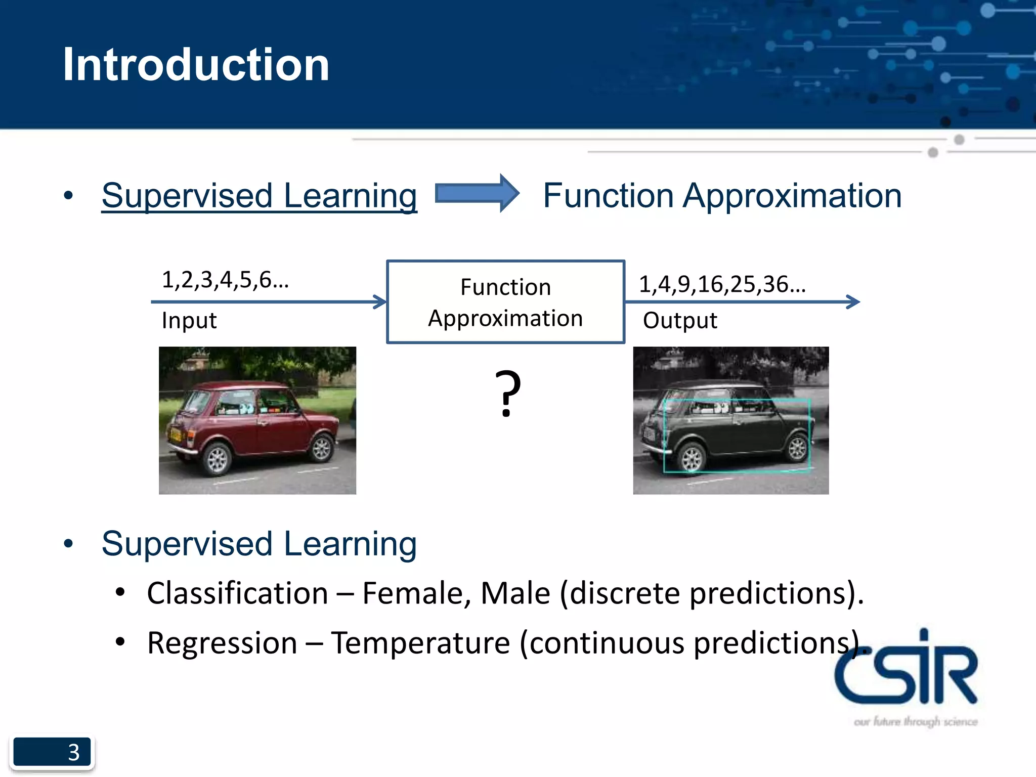 3
Introduction
• Supervised Learning Function Approximation
• Supervised Learning
• Classification – Female, Male (discrete predictions).
• Regression – Temperature (continuous predictions).
Function
Approximation
1,2,3,4,5,6… 1,4,9,16,25,36…
Input Output
?
 