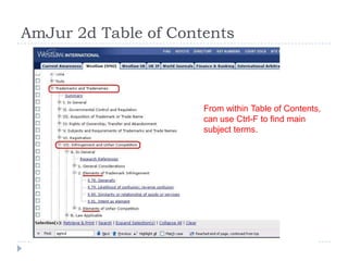 AmJur 2d Table of Contents
From within Table of Contents,
can use Ctrl-F to find main
subject terms.
 