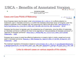 USCA – Benefits of Annotated Version
Cases and Case Points of Relevancy
Links to relevant cases on various aspects of this statute.
 